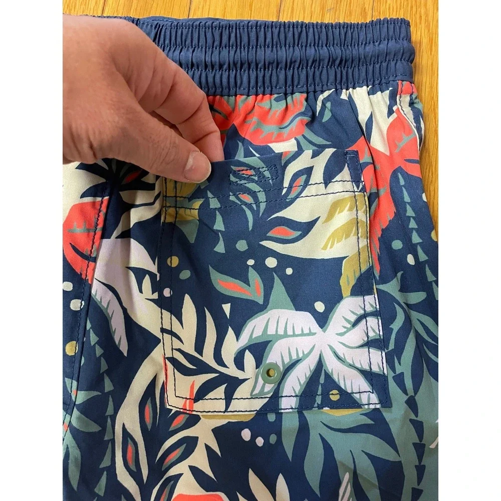 Old Navy‎ Boys Tropical Palm Swim Trunks UPF 50 Navy /Coral / tan L 10-12